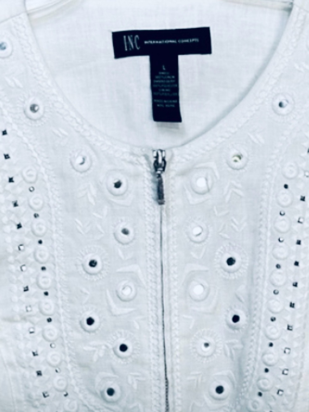 INC Size L White Linen Mirror Zip Jacket Boho-Chic Coastal Cottagecore Western - Picture 2 of 8